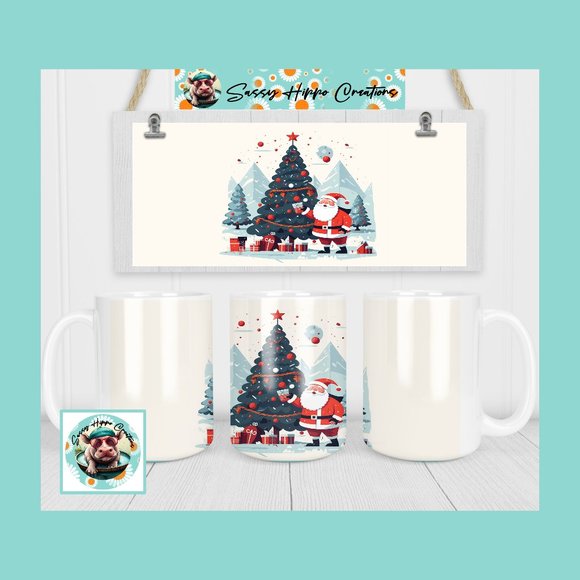 Ceramic Coffee Mug Retro Santa Claus Christmas Tree Holiday 15oz Hand Sublimated - Picture 1 of 4